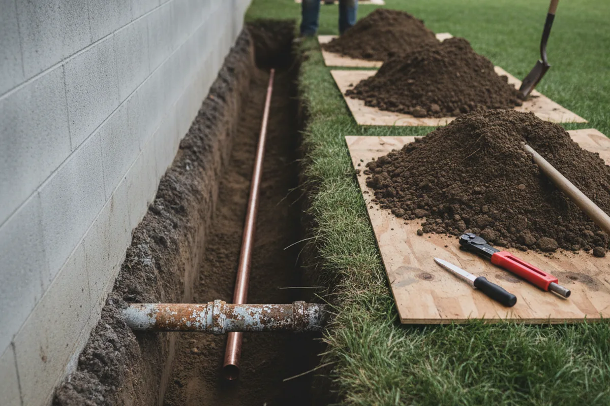 Excavated water line trench during Sewer Line Repair in Veneta
